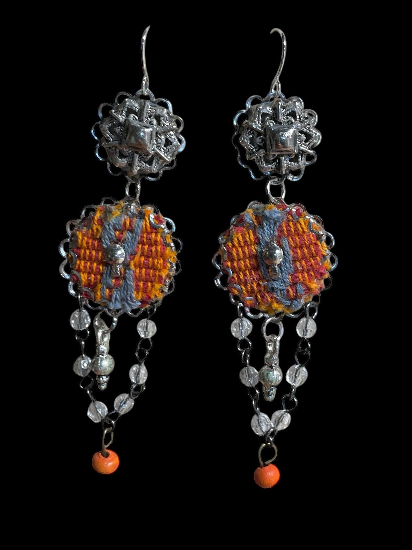Orange and gray mixed media collage earrings with mixed metals, fabric, crystal and wood; Sterling silver ear wires