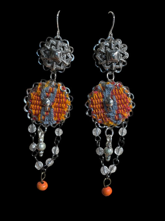 Orange and gray mixed media collage earrings with mixed metals, fabric, crystal and wood; Sterling silver ear wires