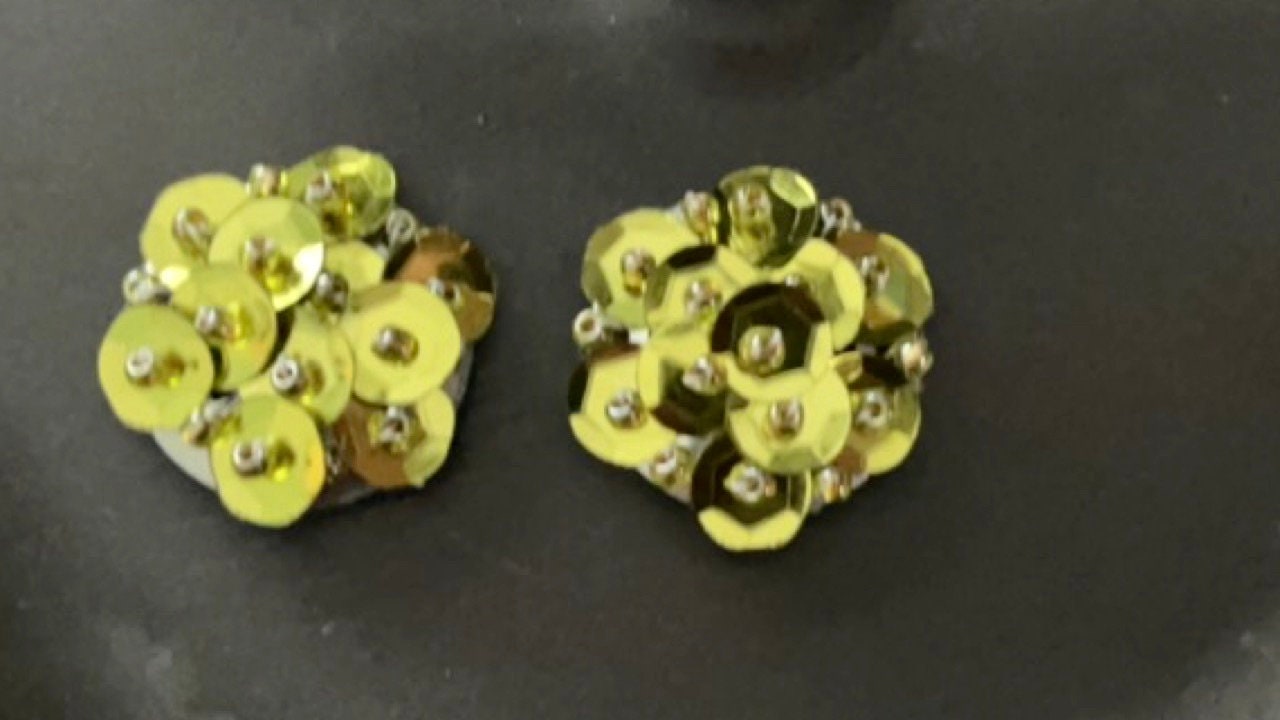 Gold sequin and beadwork stud earrings - for pierced ears OR clip on earrings - your preference