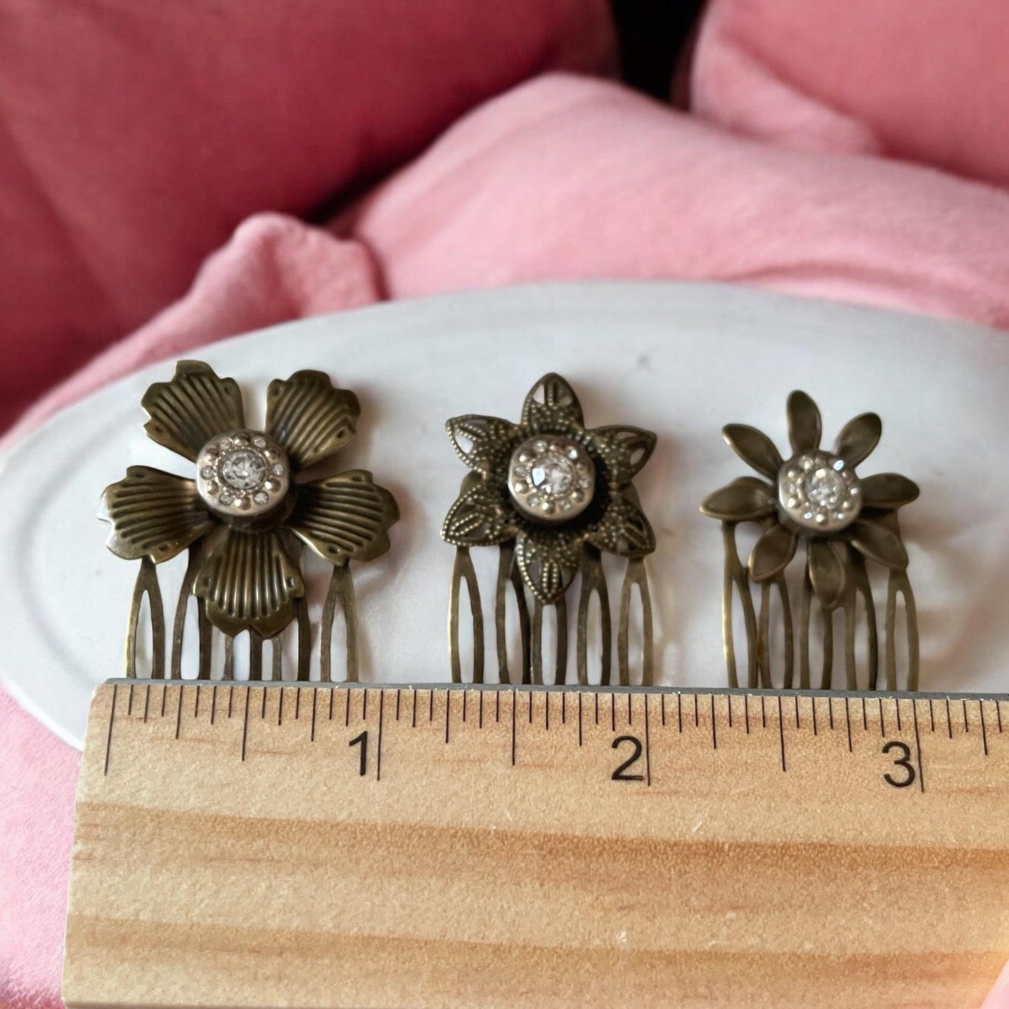 Set of 3 Rhinestone Metal Flower Hair Combs – Handmade 1.5" x 1" Bridal, Formal or everyday casual Hair Accessories