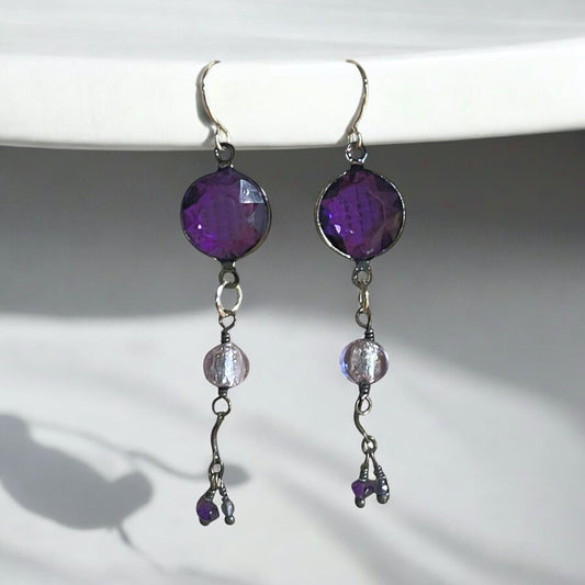 Handmade Mixed-Material Earrings with Purple Crystal – New & Vintage Components – Elegant Dangle Jewelry
