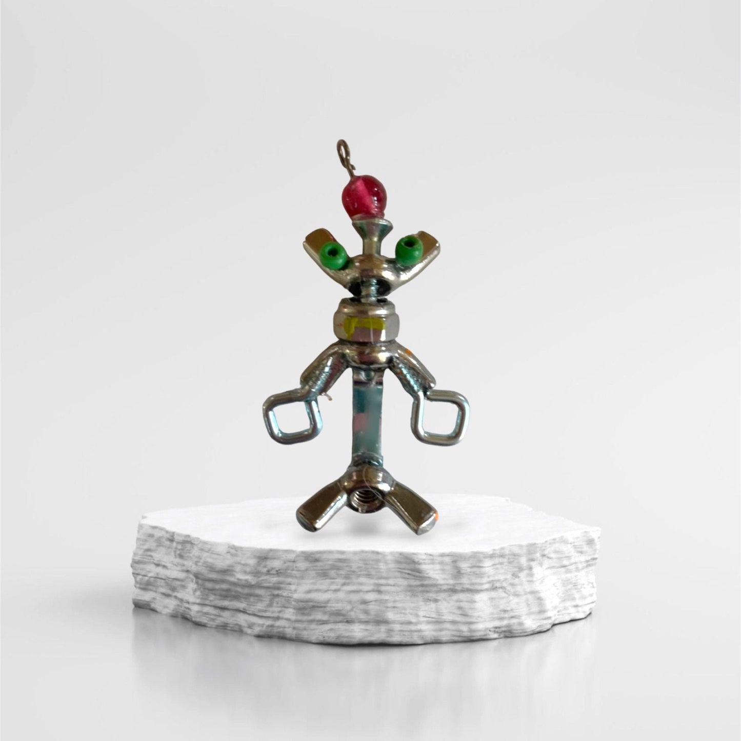 Meet "Herman" -  mixed media robot made of hardware - nails, screws, bolts with small wood/glass embellishments - pin or necklace pendant
