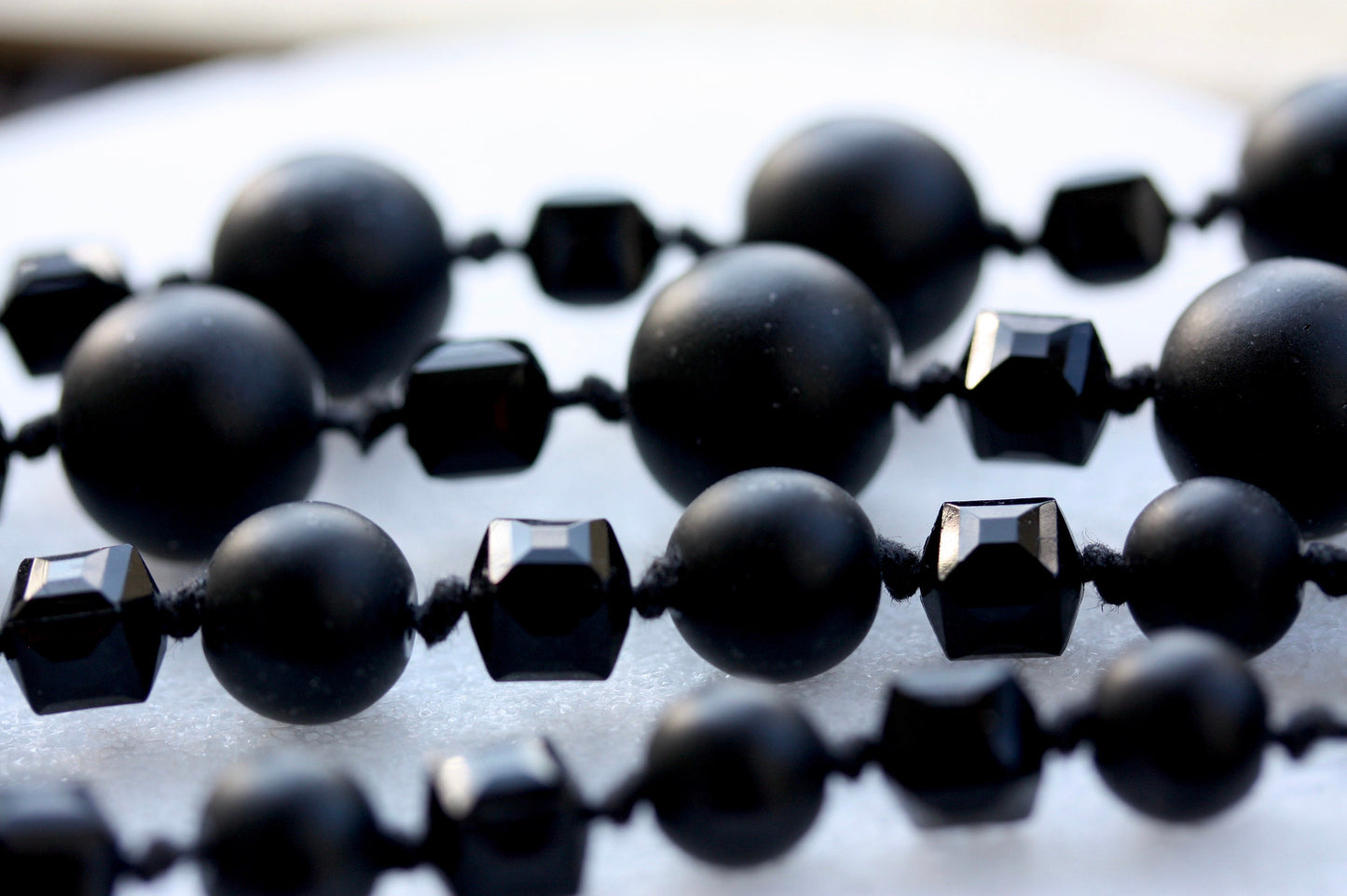 Stunning, high quality long black vintage necklace - with black matte round faux pearls and smooth cubed black crystal-like beads