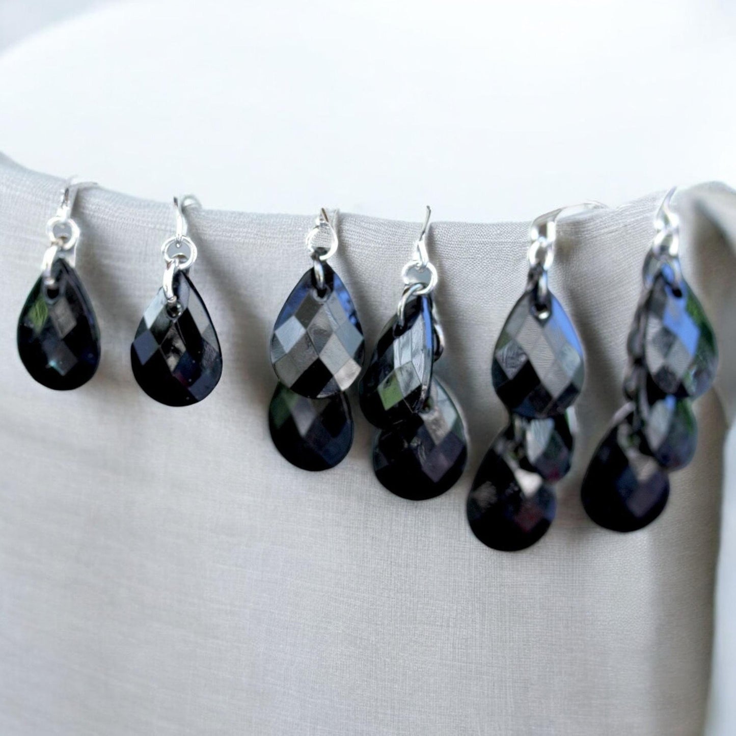 Black faceted teardrop dangle earrings - your choice: one drop, two drops or three drops