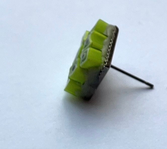 Small handmade lime green squares micro mosaic glass half-inch stud earrings