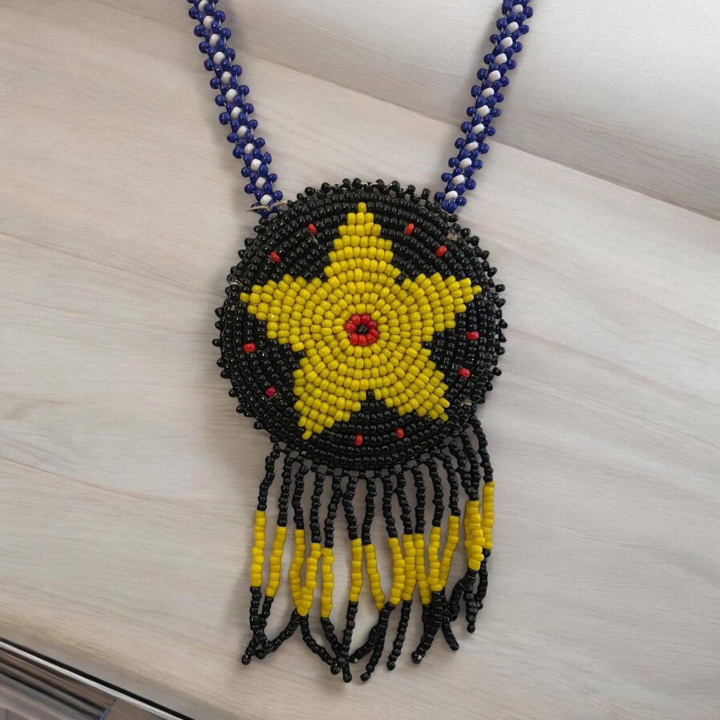 Native American style seed bead beadwork yellow, black and red stunning necklace