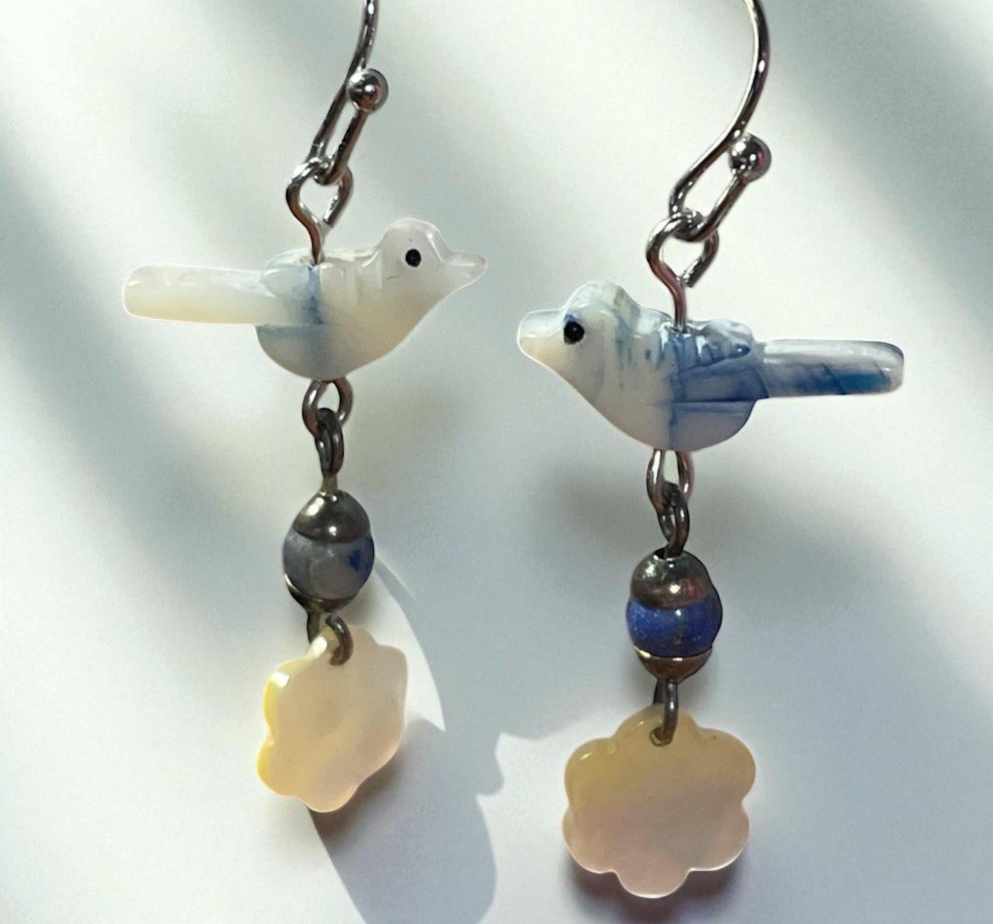 Mother of Pearl Bird Earrings with Blue Glass & Metal Spacers, trimmed with floral mother of pearl | Nature-Inspired Boho Jewelry Gift
