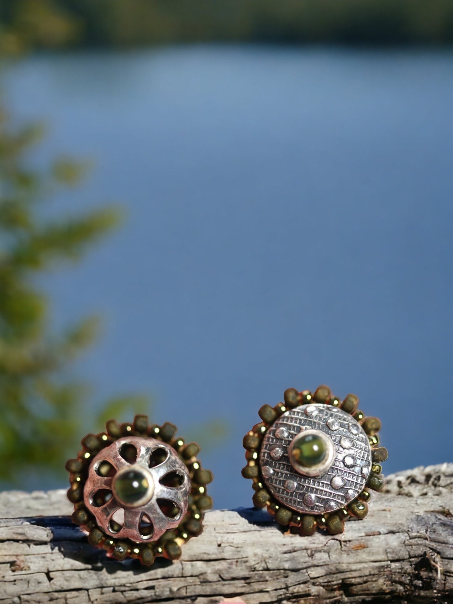 Mismatched mixed material hand beaded stud earrings - very unique - shades of green - handmade original beadwork