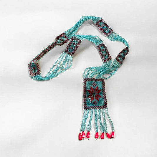 Stunning long multi-stranded vintage handmade all-beaded necklace - turquoise and red glass seed beads