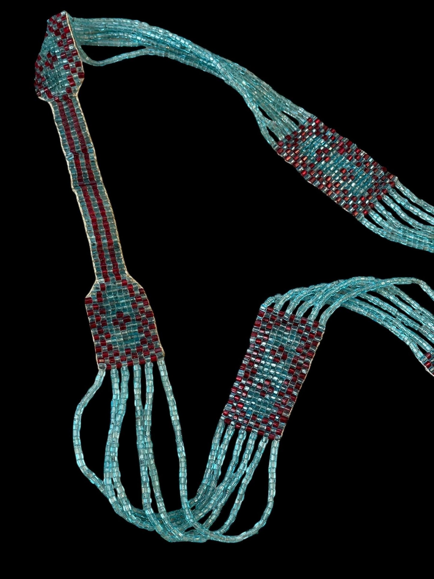 Stunning long multi-stranded vintage handmade all-beaded necklace - turquoise and red glass seed beads