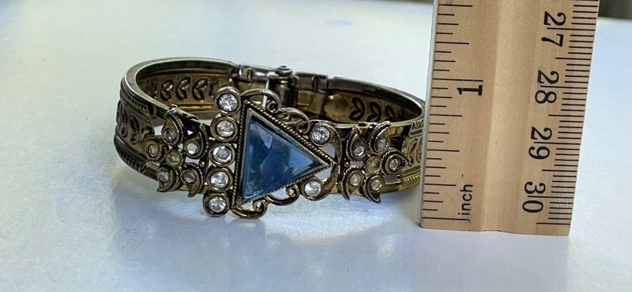 Beautiful blue and clear rhinestone vintage clamper bracelet
