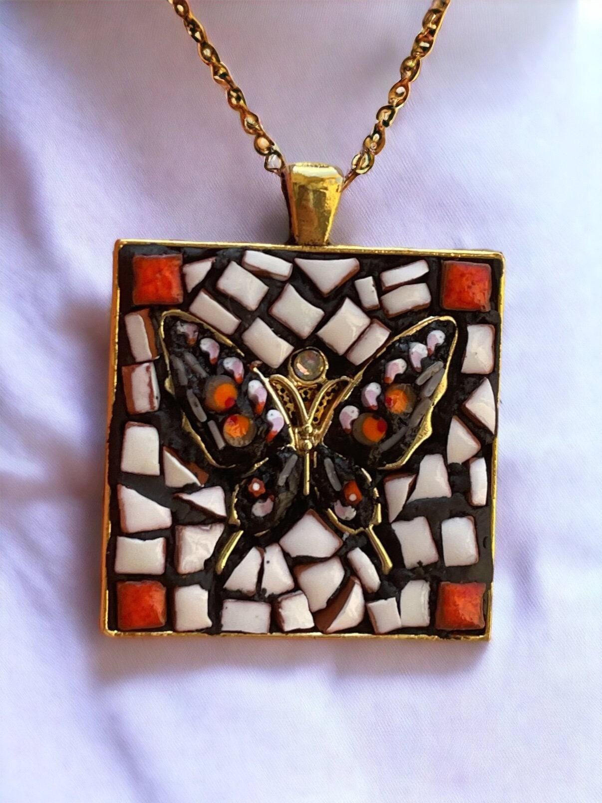 Mixed Material Butterfly Necklace: Hand Cut Tile and Italian Glass