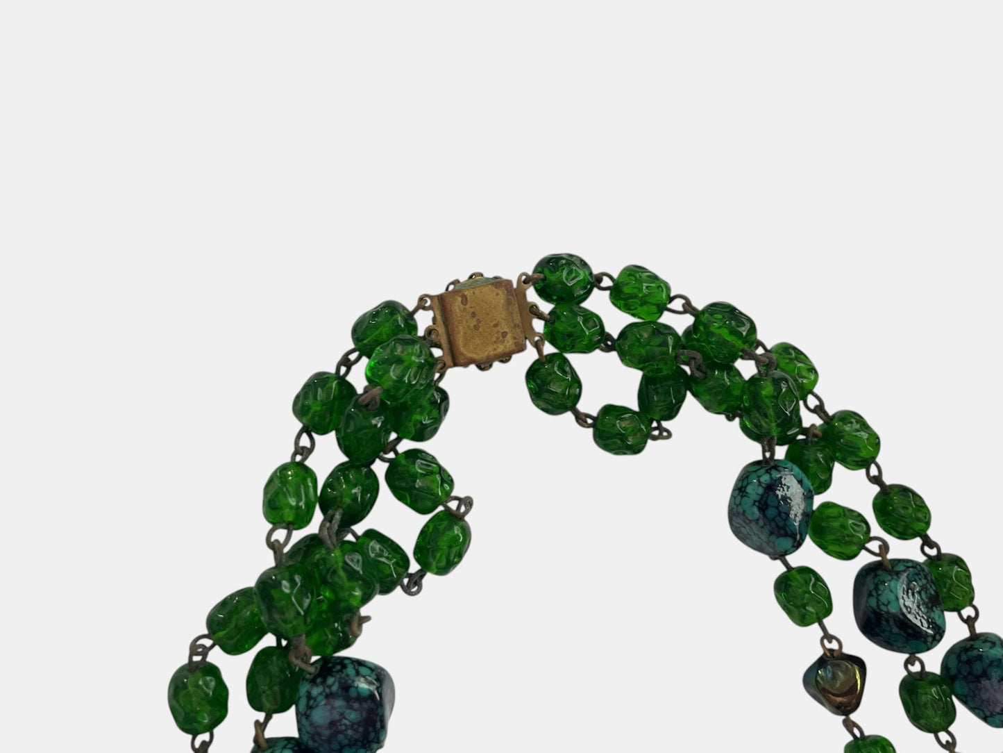 Vintage Emerald Green Glass Necklace, 3 Strand Art Deco Style Statement Necklace, Foil Glass & Turquoise Look Synthetic Beads