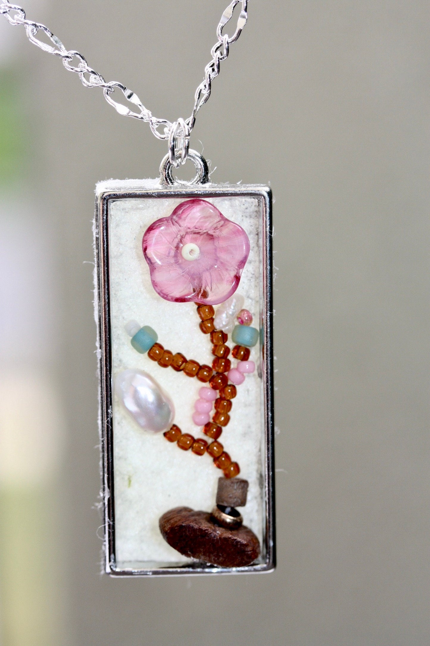 Asian inspired "painting" with beads - mixed material necklace - baroque pearl, glass, wood, metal