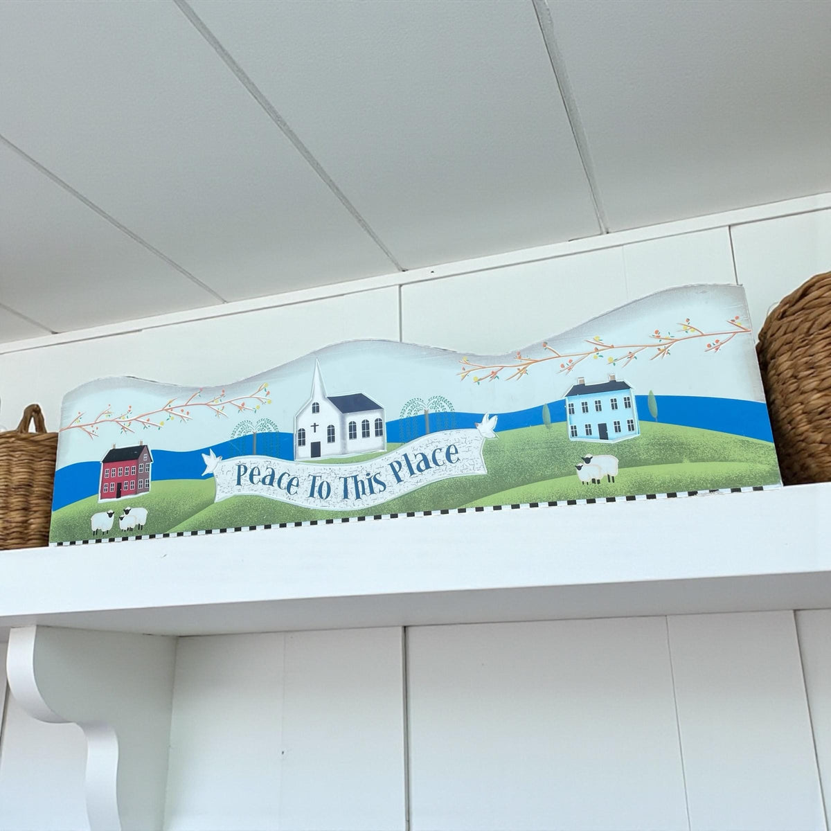 Folk Art Wooden Wall Plaque – “Peace to This Place” Country Village Scene with Sheep & Church – Primitive Farmhouse Decor