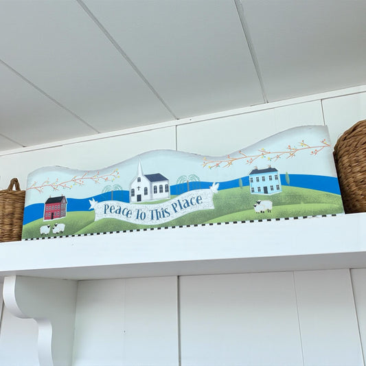 Folk Art Wooden Wall Plaque – “Peace to This Place” Country Village Scene with Sheep & Church – Primitive Farmhouse Decor