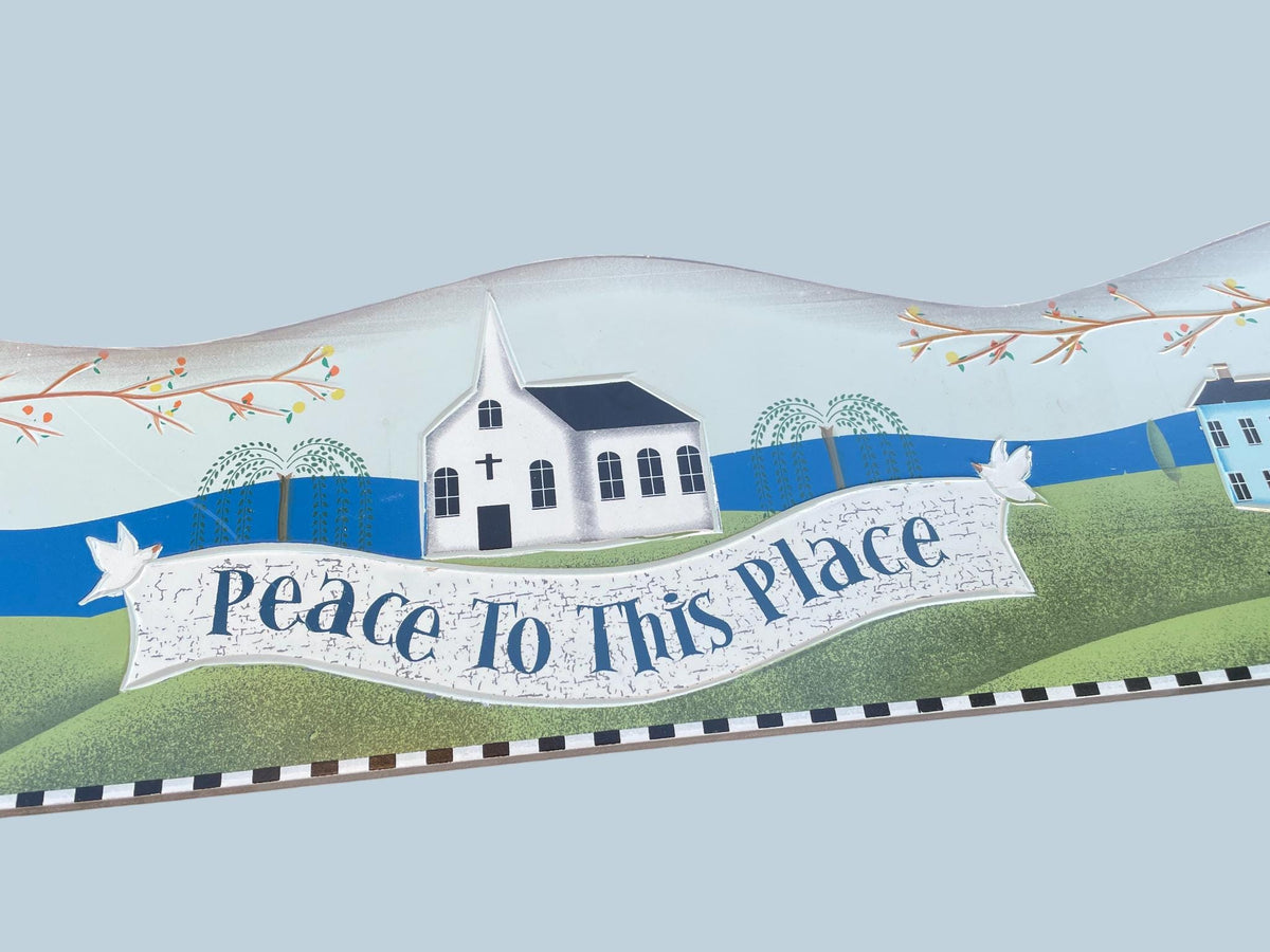 Folk Art Wooden Wall Plaque – “Peace to This Place” Country Village Scene with Sheep & Church – Primitive Farmhouse Decor
