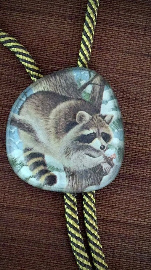 Unique upcycled / repurposed unique eyeglass raccoon vintage artisan bolo necklace