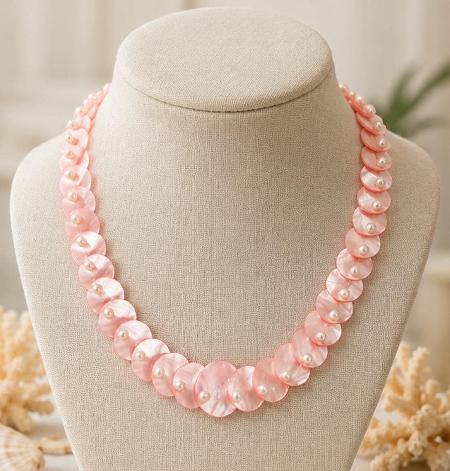 Vintage Pink Mother of Pearl Disc Necklace 20" | Shell Coin Statement Necklace with Faux Pearls | Coastal Cottage Jewelry