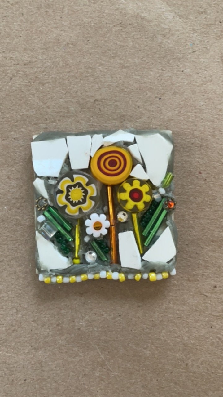 Flower garden Mixed Material Mosaic Assemblage art - magnet or pin