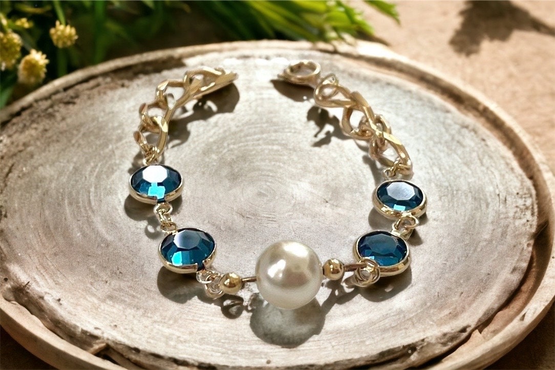 Blue crystal and faux pearl upcycled bracelet