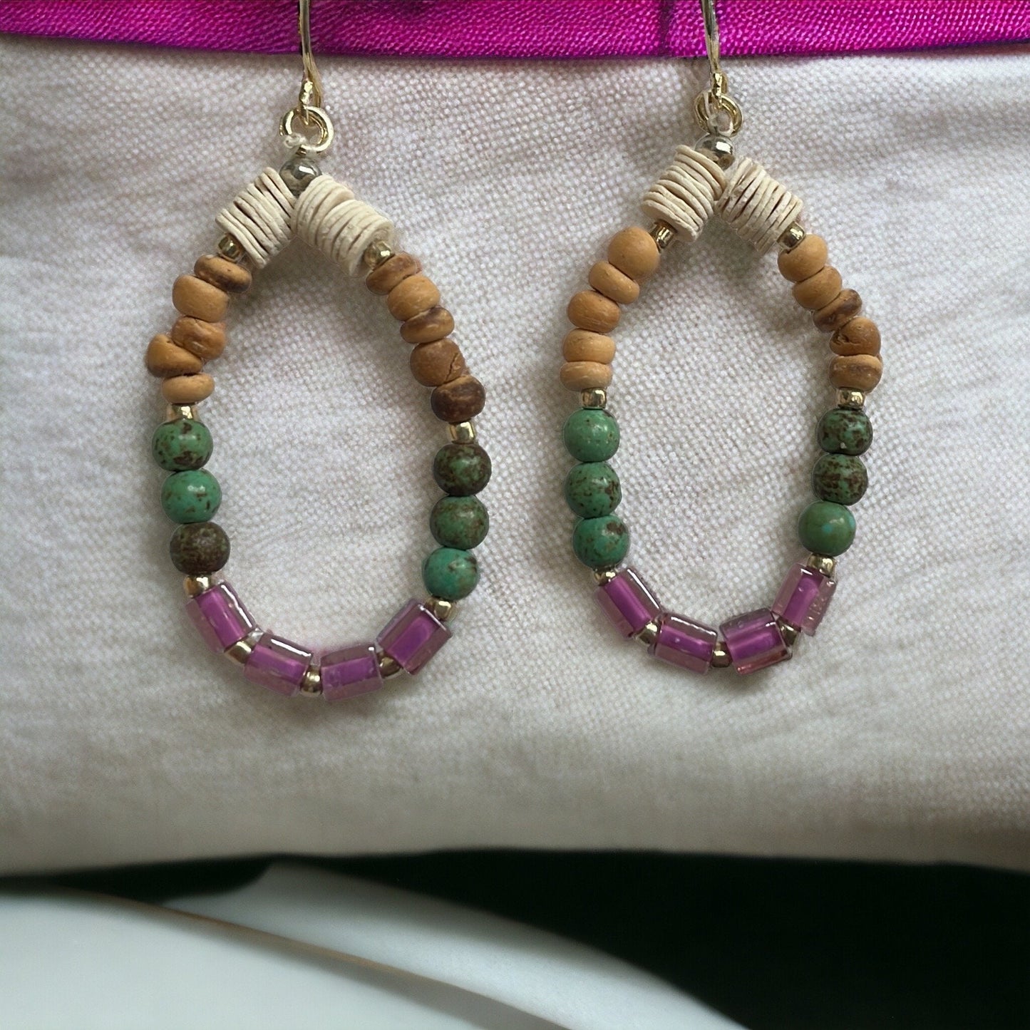 Handmade beaded dangle earrings - purple glass cubes, cream heishi beads, wood and metal spacers