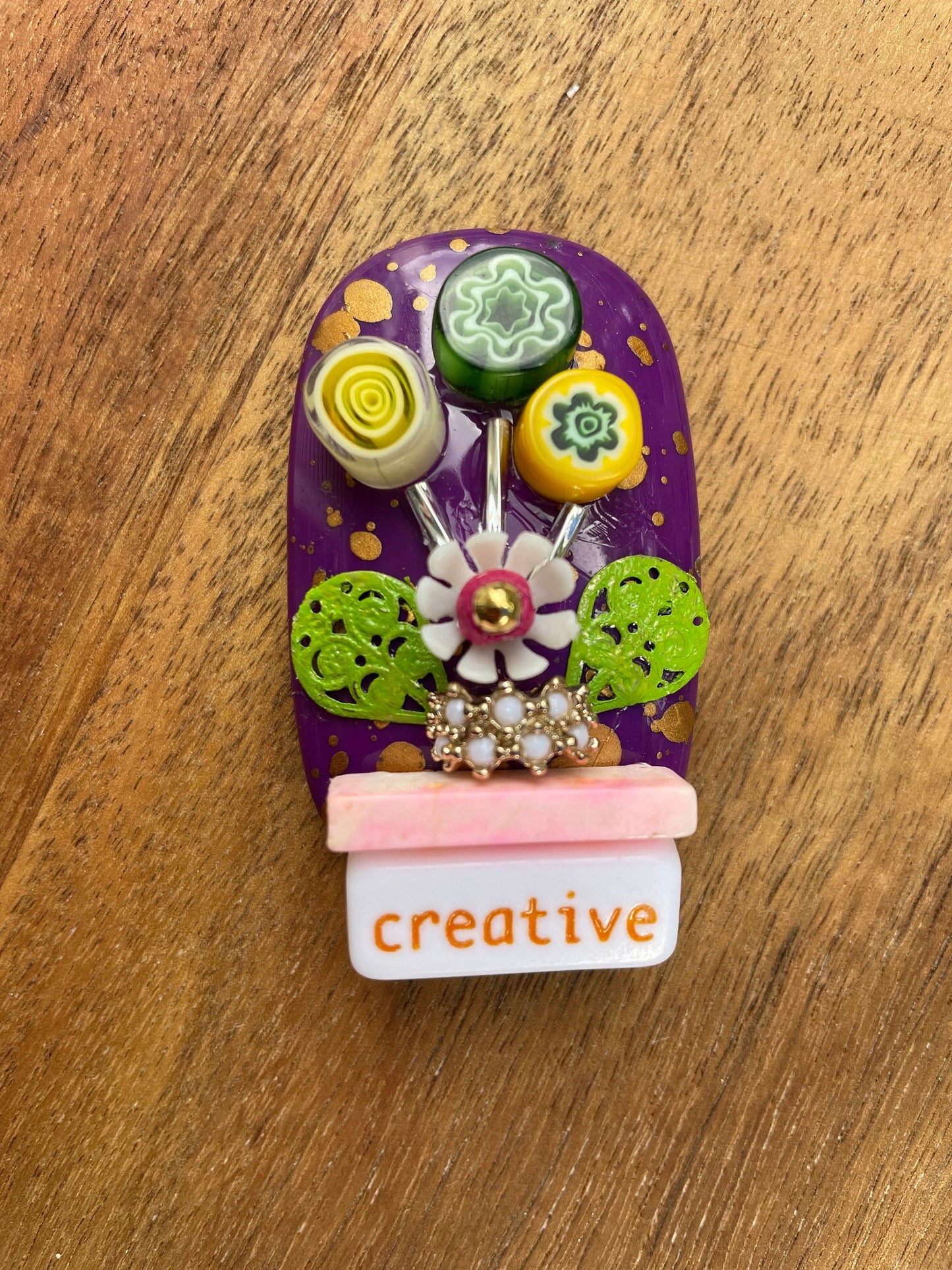 Handmade, one-of-a-kind assemblage art - flower bouquet - can be ordered as a necklace, pin or magnet - with or without words
