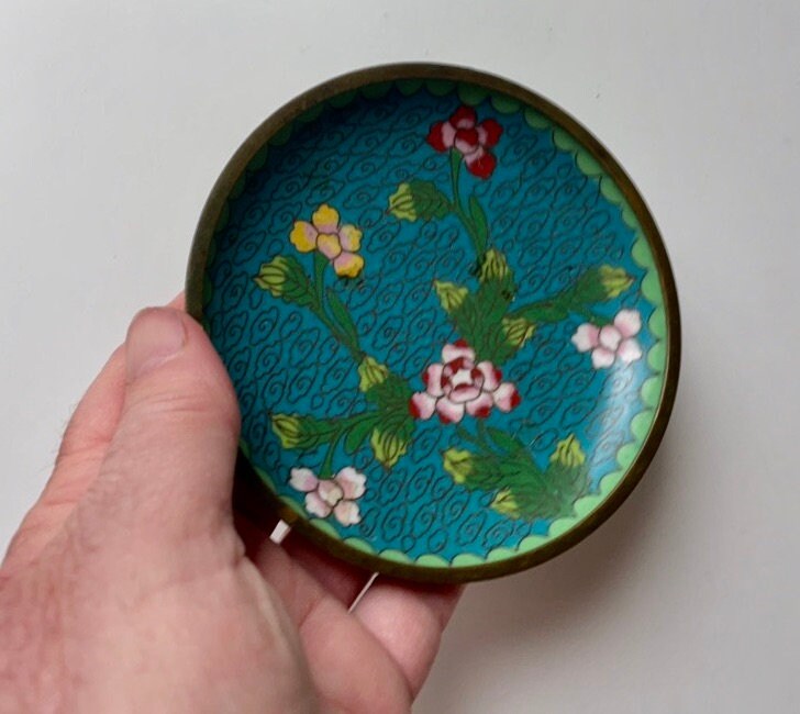 Vintage Asian Cloisonne enamel over copper ring dish, catch all dish - 3 & 3/4" - turquoise floral