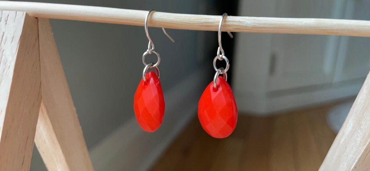 Simple upcycled orangish red teardrop dangle earrings