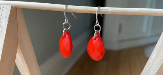 Simple upcycled orangish red teardrop dangle earrings