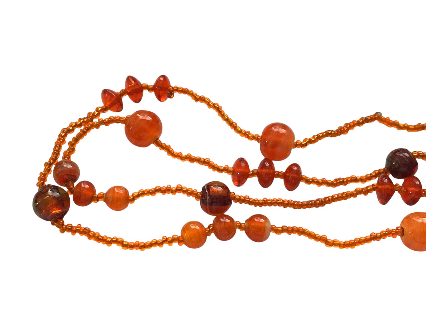 Vintage Orange Glass Bead Necklace – Long 3 Strand Beaded Statement Necklace – Amber Tone Layered Retro Jewelry