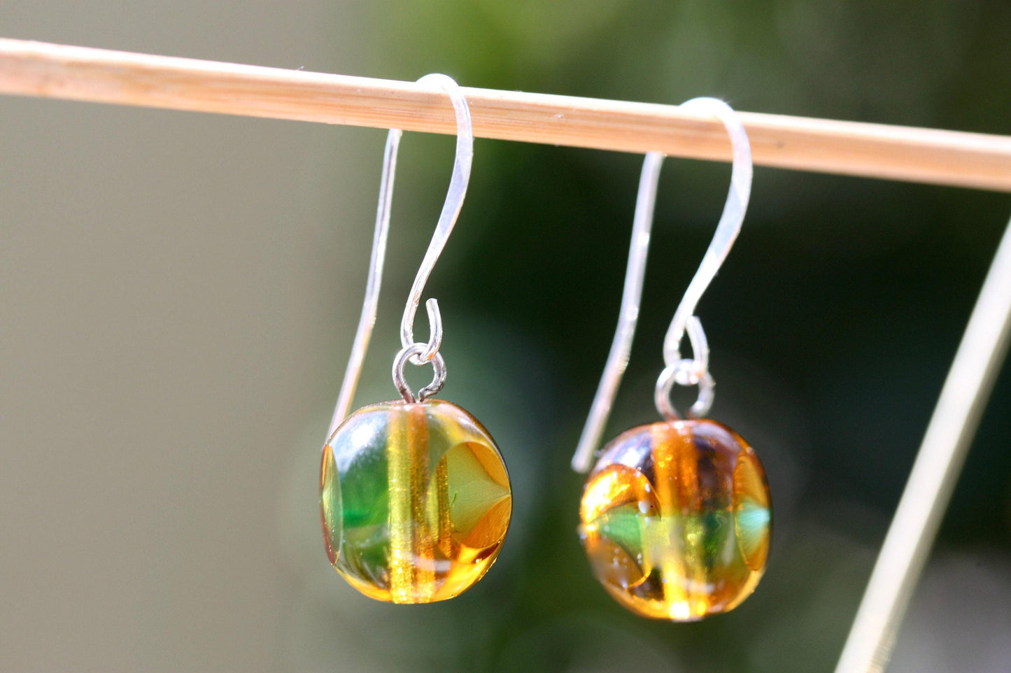 Handmade earrings with upcycled vintage multi-shaped (round with flat sides) unique glass beads - shades of orange, gold and green