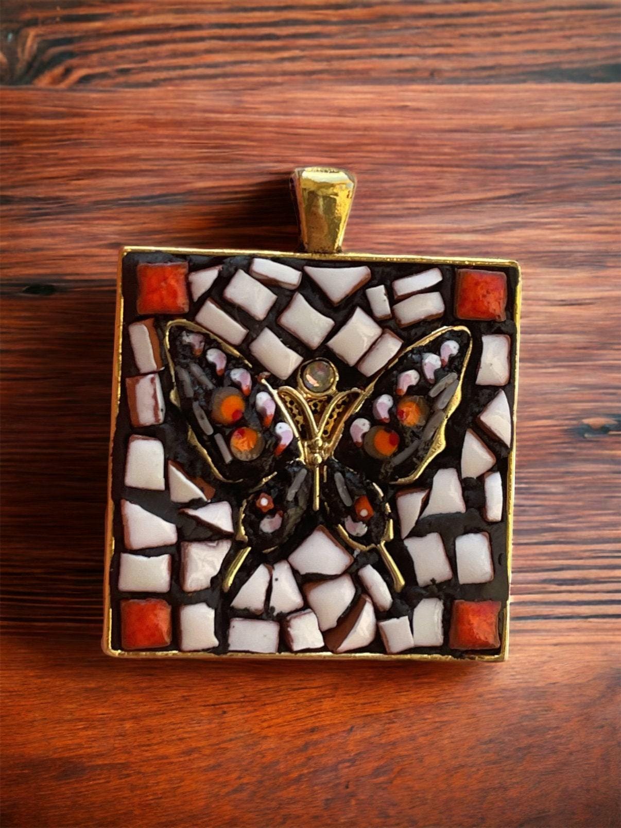 Mixed Material Butterfly Necklace: Hand Cut Tile and Italian Glass