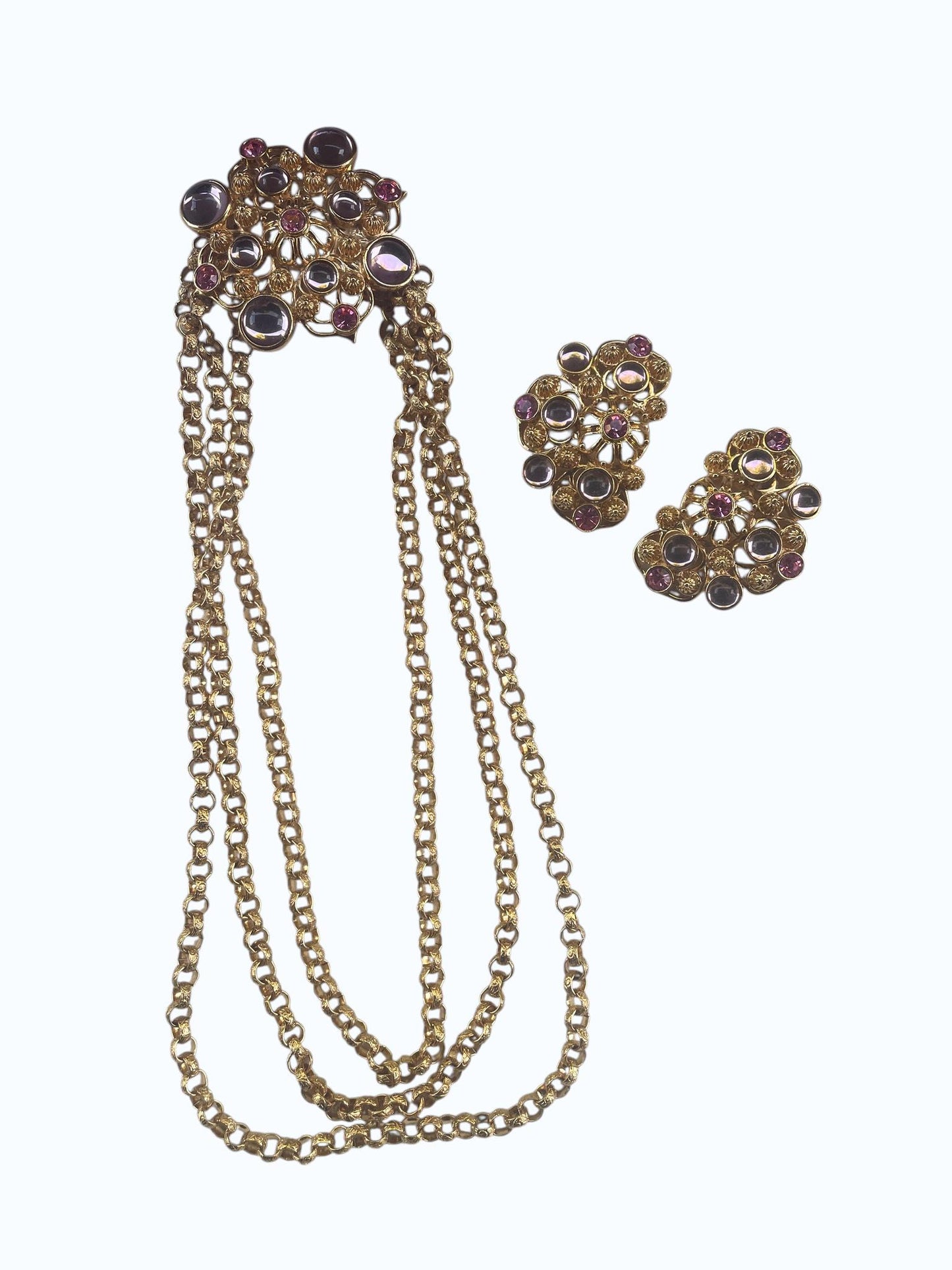 1992 Signed Barrera for Avon Marbella Necklace & Clip-On Earrings Set | Gold Tone Pink and Lavender Cabochon Designer Jewelry