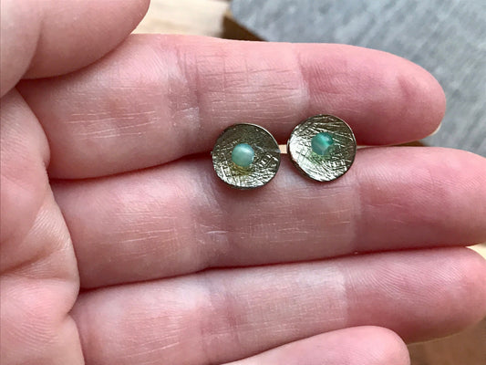 Etched metal with turquoise center little stud earrings