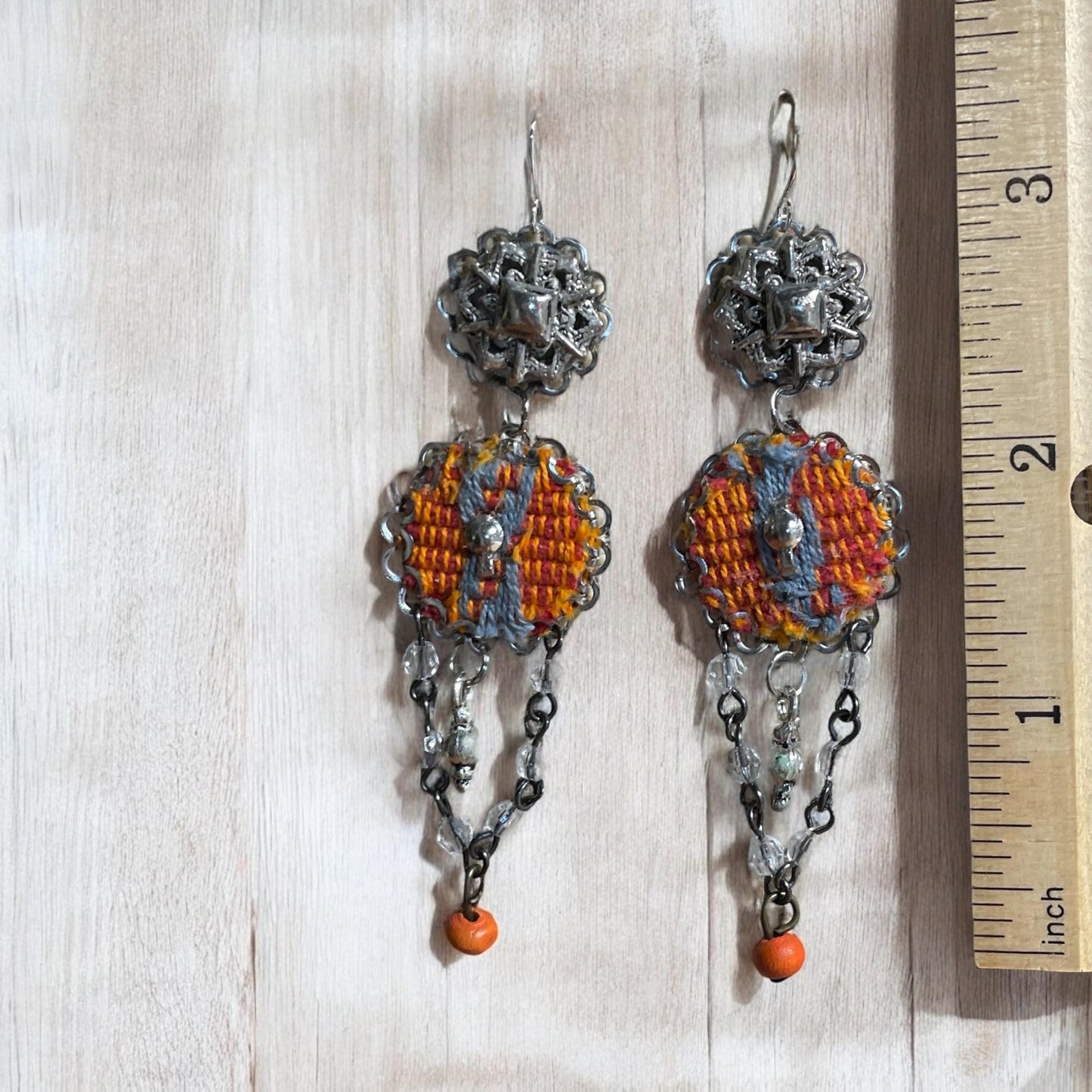 Orange and gray mixed media collage earrings with mixed metals, fabric, crystal and wood; Sterling silver ear wires