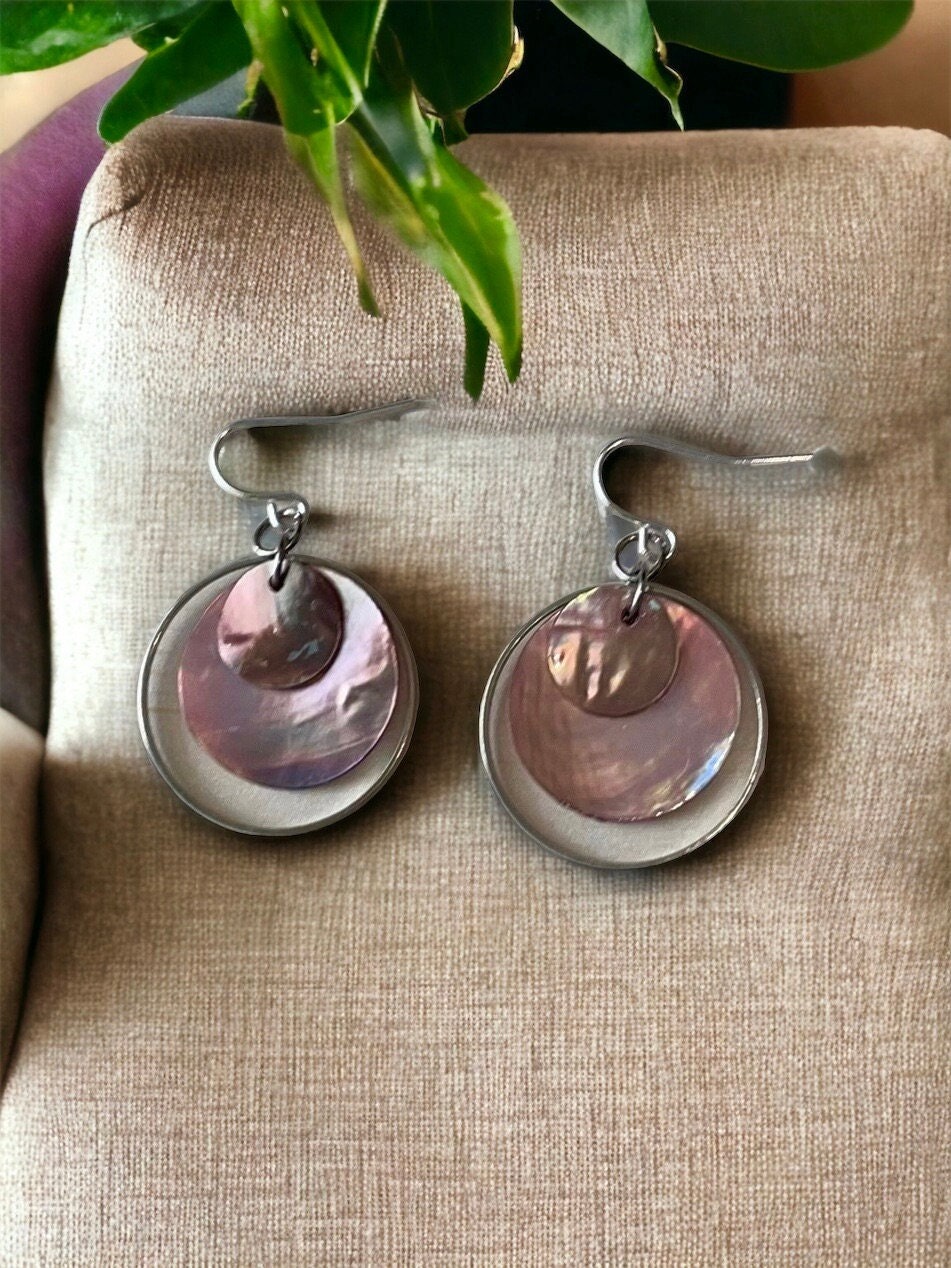 Handmade dangle earrings - color block shades of pink mother-of-pearl with silver hoops - sterling silver ear wires