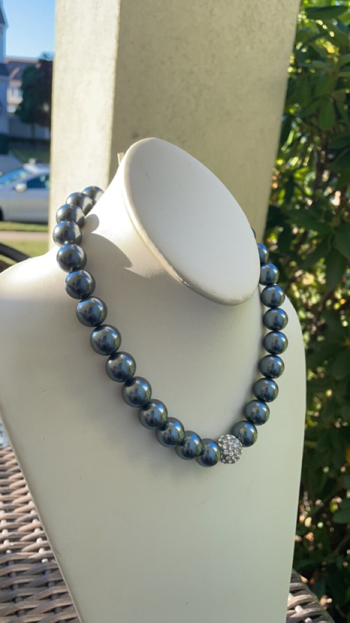 Stunning vintage large black faux pearl round beads with rhinestone ball that adds sparkle and bling
