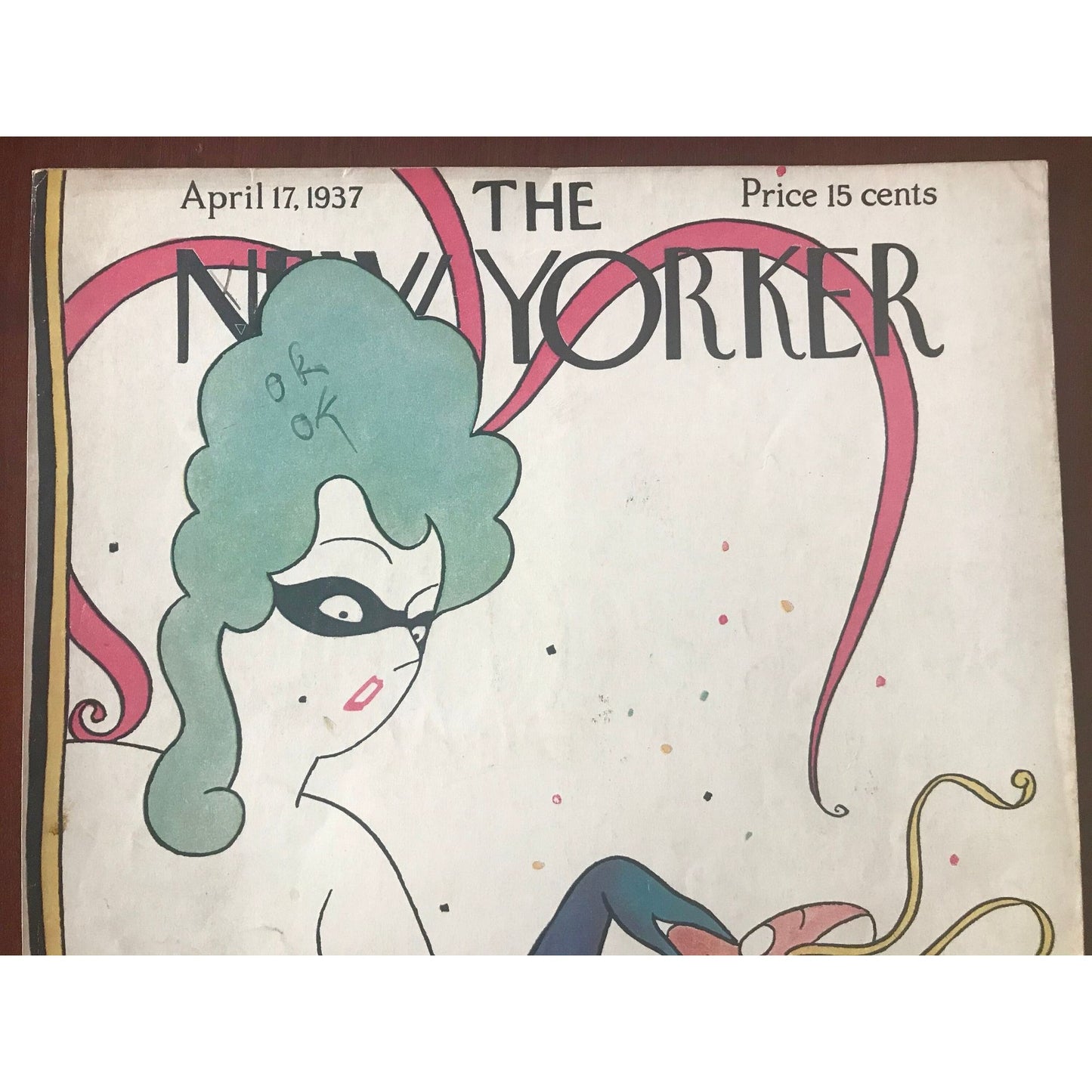 Rare - April 17, 1937 - The NEW YORKER Magazine original cover by Rea Irvin - masquerade party, removing a mask - please read description