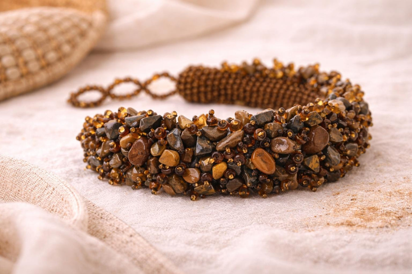 Chunky Brown Stone & Amber Colored Beaded Bracelet, Artisan Gemstone Cuff, Earth Tone Statement Jewelry, Wide Boho Beadwork Bracelet