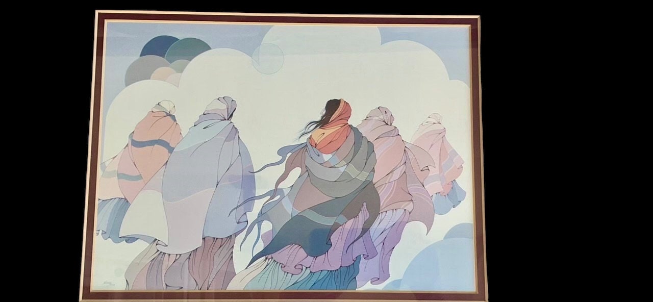 Stunning framed and matted vintage print by the late artist Diane O'Leary titled The Long Journey - Native American Multimedia artist