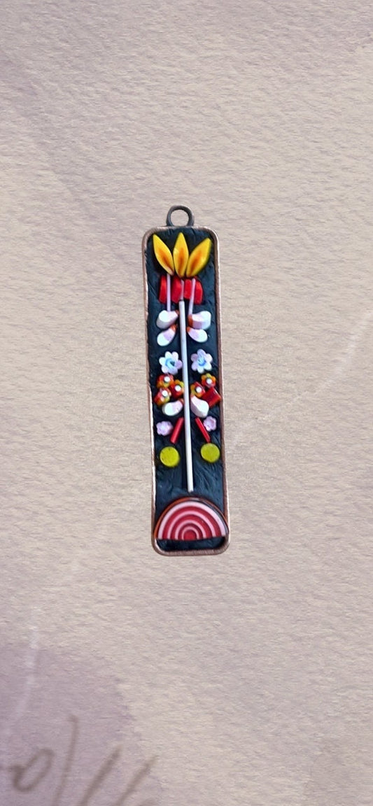 Handmade folk art inspired mixed material mosaic necklace - hand cut Italian glass, millefiori, flowers, red and white striped art glass