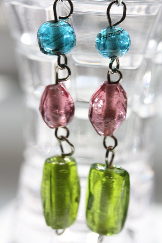 Handmade dangle earrings made of colorful recovered vintage glass