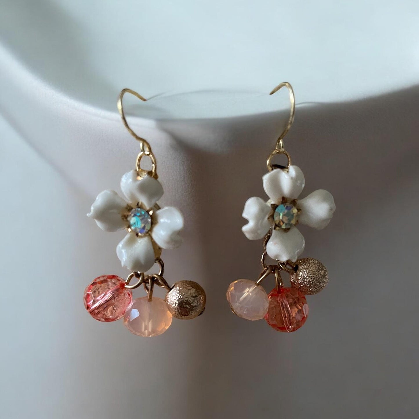 Charming little dangle earrings - white rhinestone studded vintage flower with pink and gold dangle beads