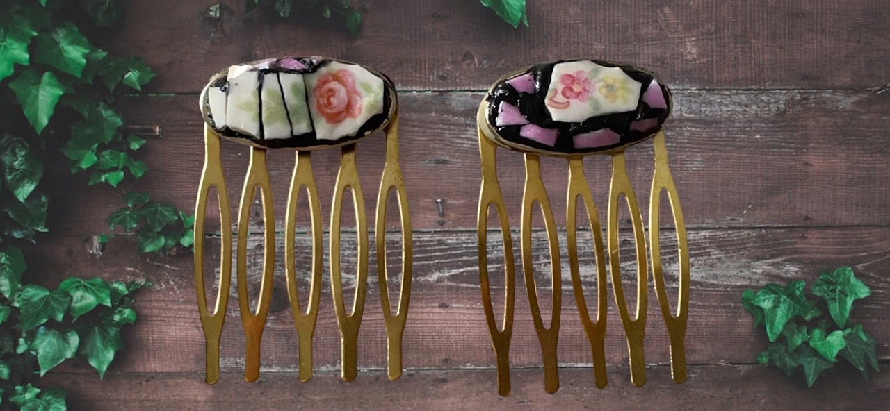 Pair of one-of-a-kind handmade mosaic hair combs with upcycled pieces of vintage dishes
