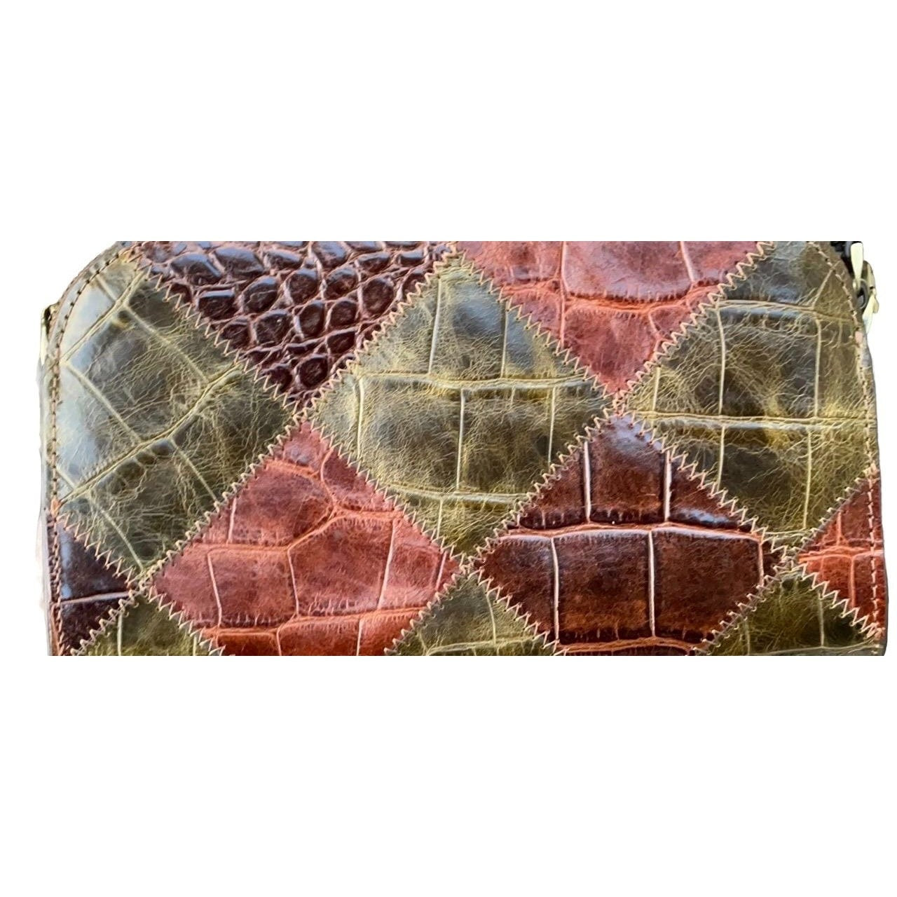 Embossed Croc Clutch – Stylish Patchwork Leather Bag with Zig Zag Stitch Detail