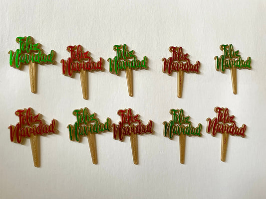 Pair of red and/or green iridescent plastic cake toppers - Feliz Navidad