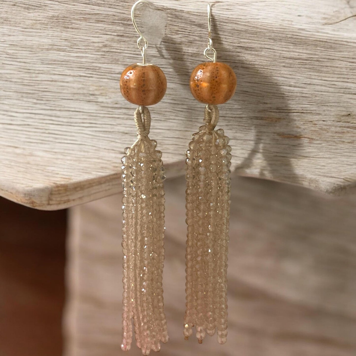 Handmade earrings - Beaded crystal beaded dangle earrings with orange speckled porcelain top