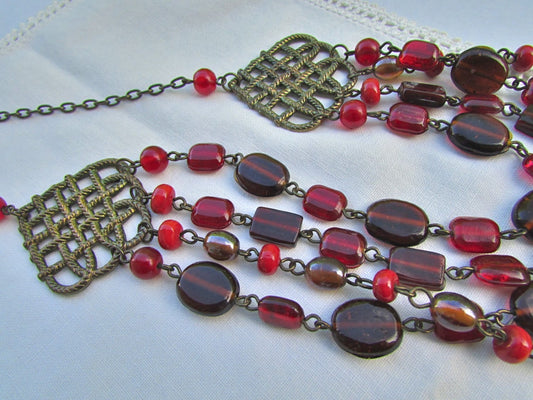 Asian-inspired, 4-stranded, shades of crimson red stunning vintage necklace