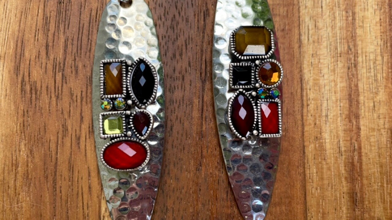 Hammered metal earrings with rhinestone studded mixed media collage